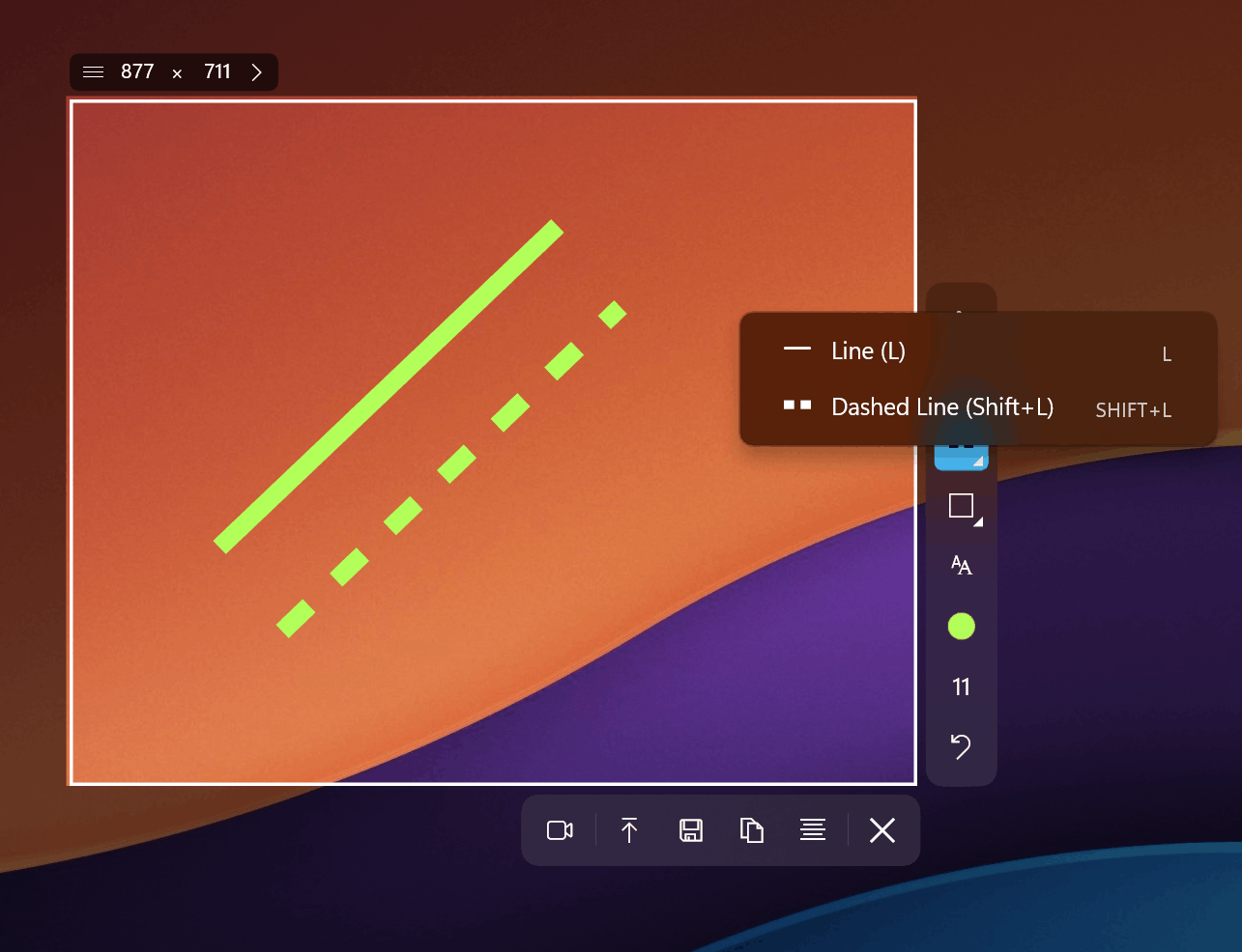 Sleekshot dashed lines with keyboard shortcut support