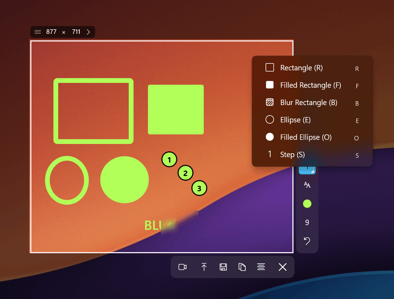 Sleekshot showing shapes, blur regions, and numbered stepper circles