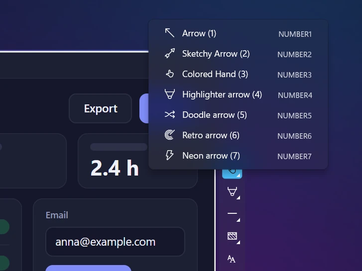 Sleekshot toolbar with the arrow styles menu open, showing all 7 styles