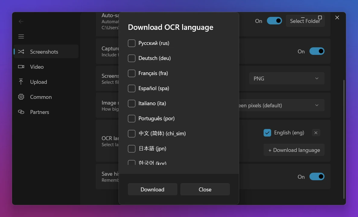 Sleekshot settings with the OCR languages list and the Download language dialog