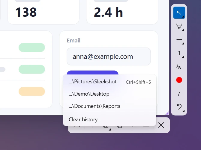 Save button menu with the last three folders and the Ctrl+Shift+S shortcut