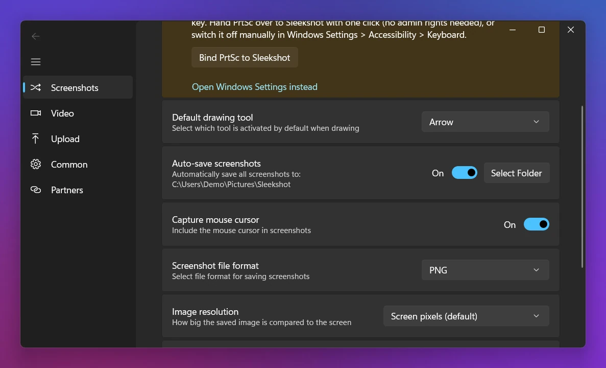 Sleekshot's Auto-save screenshots switch with the selected folder