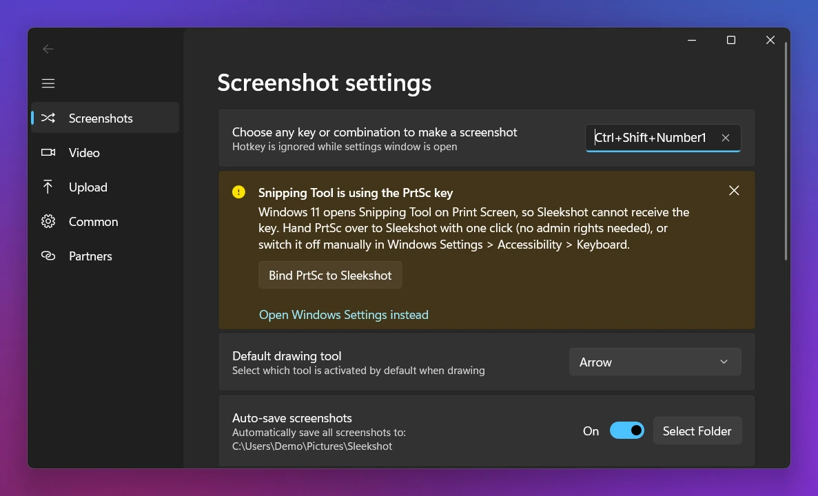 Sleekshot Settings with a new screenshot key being set