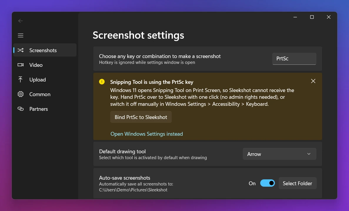 Sleekshot settings showing the warning Snipping Tool is using the PrtSc key, with the Bind PrtSc to Sleekshot button