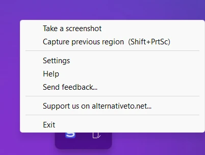 Sleekshot tray menu with Take a screenshot, Settings, Help, Send feedback and Exit
